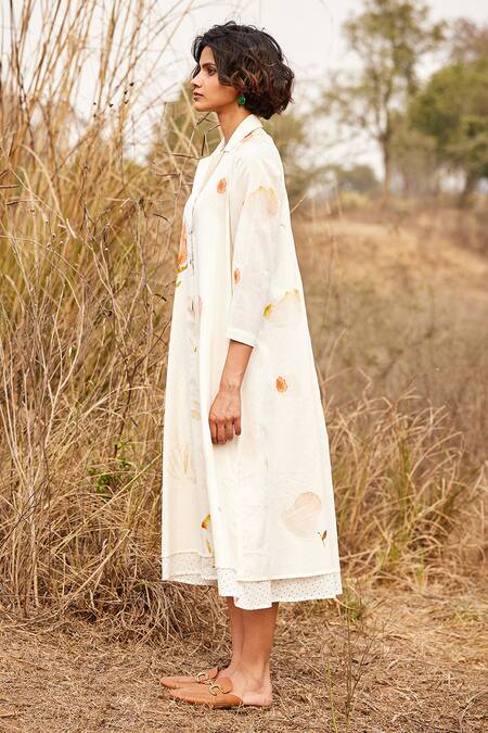 Buy_Kharakapas_Off White Cotton Embroidery Collared French Hydrangea Floral Print Shirt Dress _Online_at_Aza_Fashions