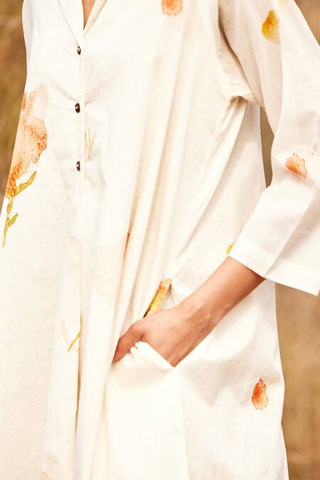 Shop_Kharakapas_Off White Cotton Embroidery Collared French Hydrangea Floral Print Shirt Dress _Online_at_Aza_Fashions