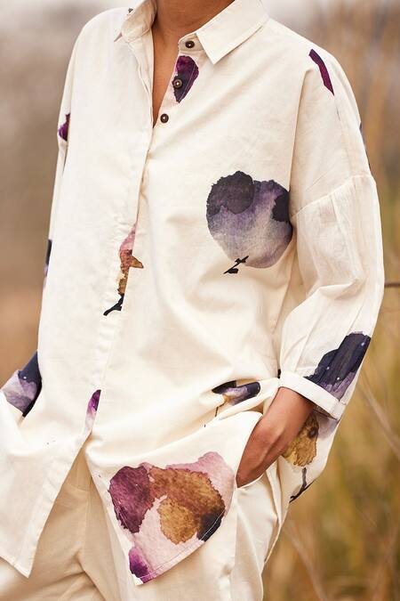 Buy_Kharakapas_Off White Cotton Collared Cascade Fling Floral Print Shirt And Pant Set 