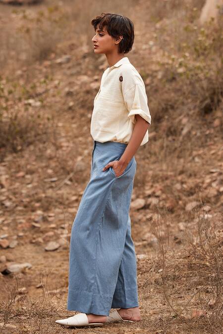 Kharakapas_Blue Linen Aasmaan Pant _Online_at_Aza_Fashions