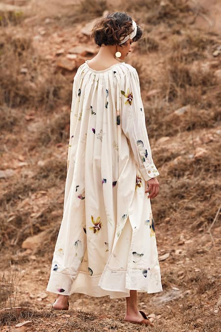 Shop_Kharakapas_Off White Cotton Embroidery Round Neck Gul Scattered Floral Print Dress _at_Aza_Fashions