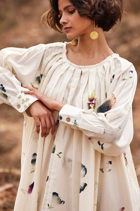 Shop_Kharakapas_Off White Cotton Embroidery Round Neck Gul Scattered Floral Print Dress _Online_at_Aza_Fashions