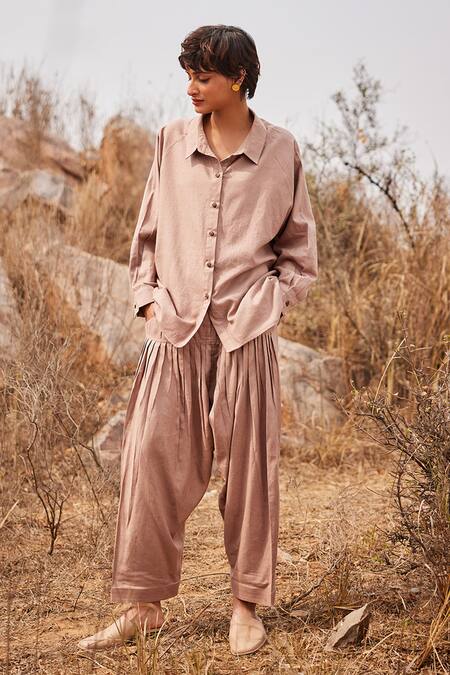 Kharakapas_Brown Linen Collared Dune Shirt And Salwar Pant Co-ord Set _Online_at_Aza_Fashions