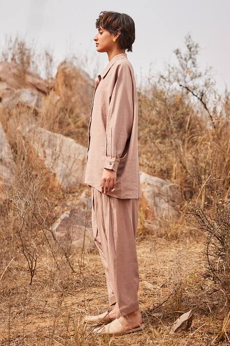Buy_Kharakapas_Brown Linen Collared Dune Shirt And Salwar Pant Co-ord Set _Online_at_Aza_Fashions