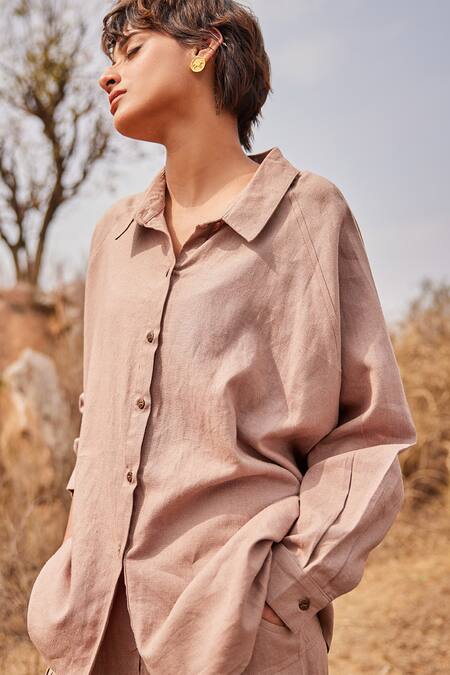 Shop_Kharakapas_Brown Linen Collared Dune Shirt And Salwar Pant Co-ord Set _Online_at_Aza_Fashions