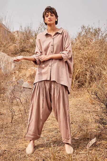 Kharakapas_Brown Linen Collared Dune Shirt And Salwar Pant Co-ord Set _at_Aza_Fashions