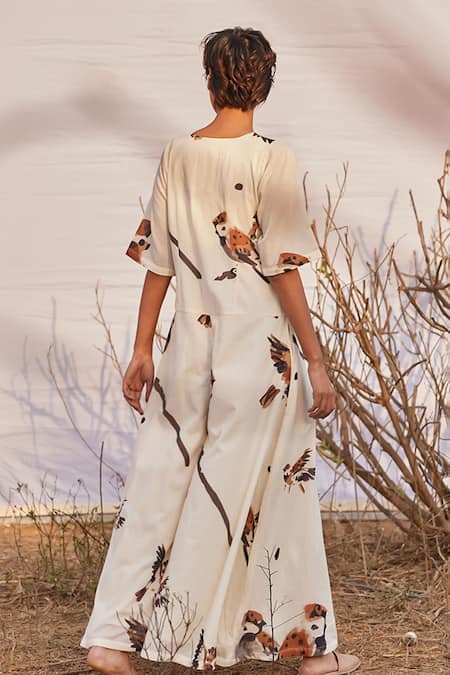 Shop_Kharakapas_Off White Cotton V-neck Ghironi Bird Print Jumpsuit _at_Aza_Fashions