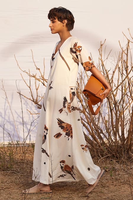 Kharakapas_Off White Cotton V-neck Ghironi Bird Print Jumpsuit _at_Aza_Fashions