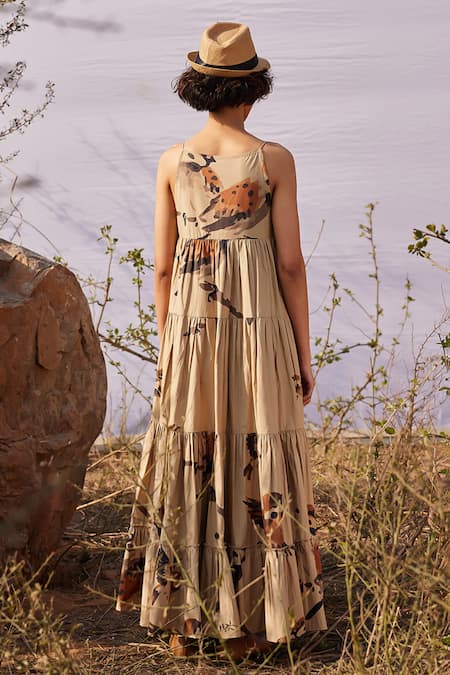 Shop_Kharakapas_Beige Poplin V-neck Safar Abstract Bird Print Dress _at_Aza_Fashions