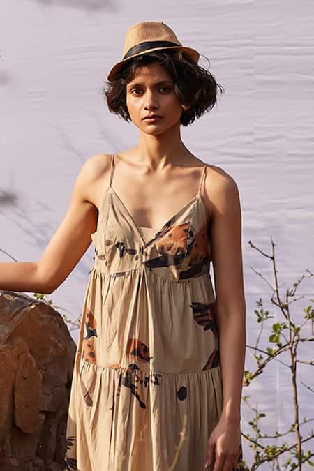 Kharakapas_Beige Poplin V-neck Safar Abstract Bird Print Dress _Online_at_Aza_Fashions