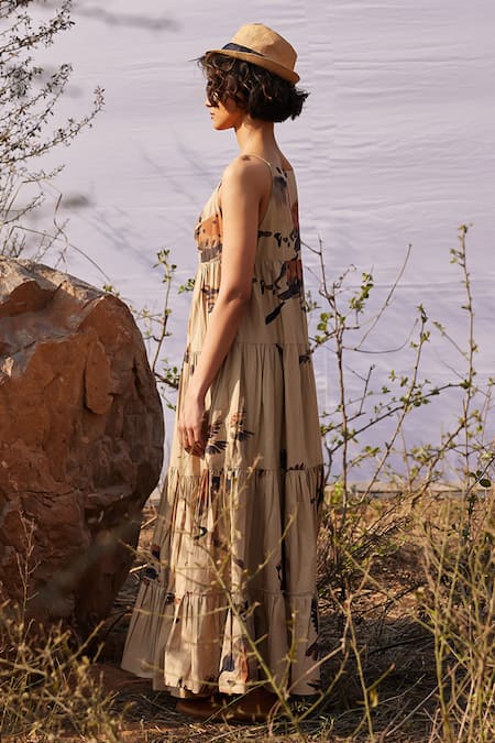 Buy_Kharakapas_Beige Poplin V-neck Safar Abstract Bird Print Dress _Online_at_Aza_Fashions