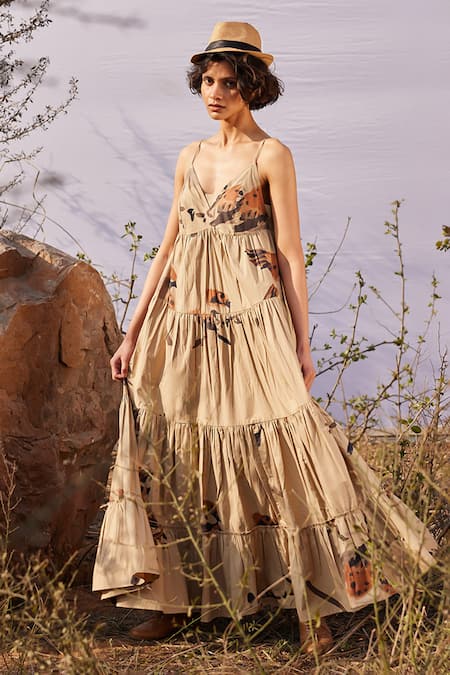 Shop_Kharakapas_Beige Poplin V-neck Safar Abstract Bird Print Dress _Online_at_Aza_Fashions