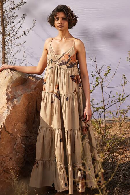 Kharakapas_Beige Poplin V-neck Safar Abstract Bird Print Dress _at_Aza_Fashions