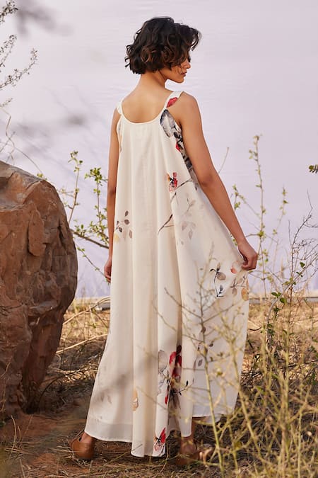 Shop_Kharakapas_Off White , Satin V-neck Wisteria Floral Print Dress _at_Aza_Fashions