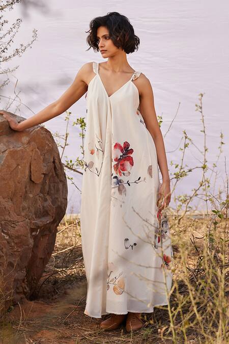 Buy_Kharakapas_Off White , Satin V-neck Wisteria Floral Print Dress _Online_at_Aza_Fashions
