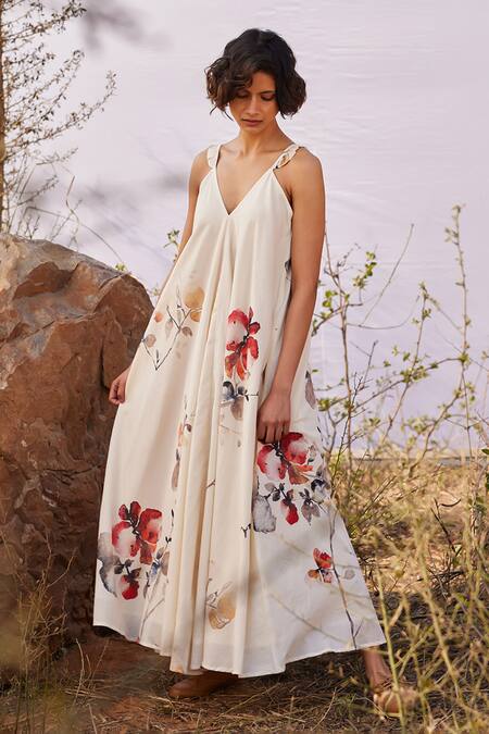 Shop_Kharakapas_Off White , Satin V-neck Wisteria Floral Print Dress _Online_at_Aza_Fashions