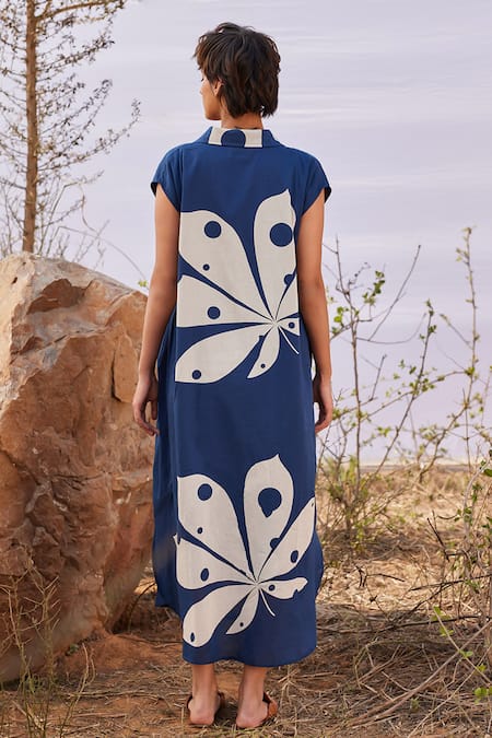 Shop_Kharakapas_Blue Cotton Collared Azalea Printed Shirt Dress _at_Aza_Fashions
