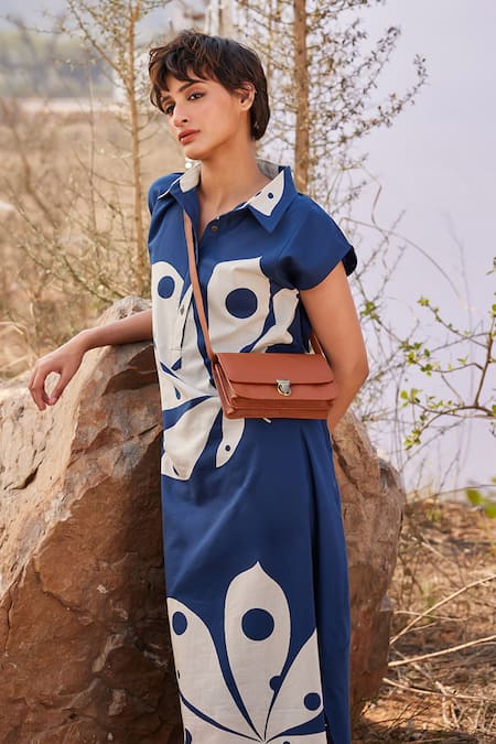 Buy_Kharakapas_Blue Cotton Collared Azalea Printed Shirt Dress _Online_at_Aza_Fashions