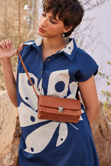 Shop_Kharakapas_Blue Cotton Collared Azalea Printed Shirt Dress _Online_at_Aza_Fashions