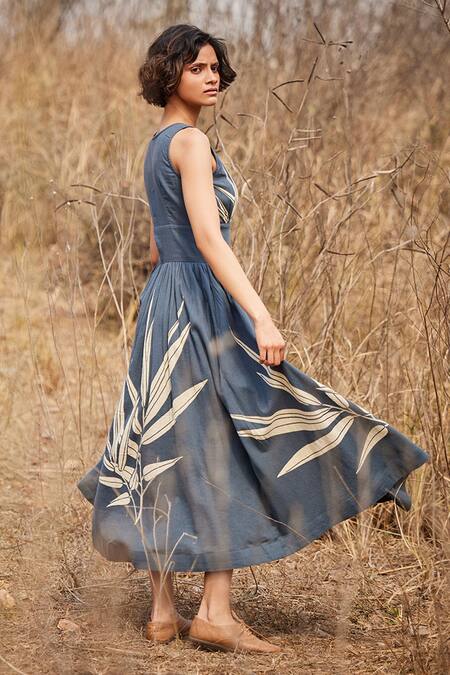 Shop_Kharakapas_Grey Cotton V-neck Dove Leaf Print Dress _Online_at_Aza_Fashions