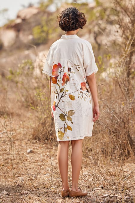 Shop_Kharakapas_Off White Cotton Embroidery Collared Sino Floral Print Dress _at_Aza_Fashions