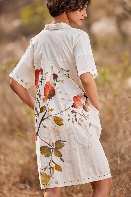 Buy_Kharakapas_Off White Cotton Embroidery Collared Sino Floral Print Dress _Online_at_Aza_Fashions