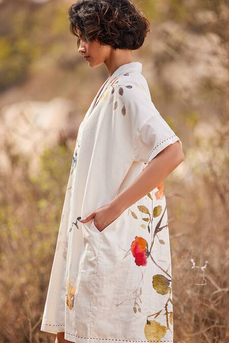 Shop_Kharakapas_Off White Cotton Embroidery Collared Sino Floral Print Dress _Online_at_Aza_Fashions