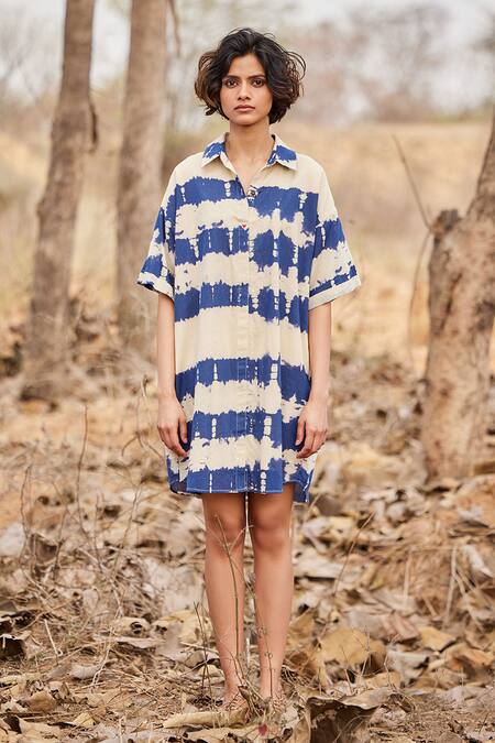 Kharakapas_Blue Cotton Collared Barish Shibori Pattern Shirt Dress _Online_at_Aza_Fashions