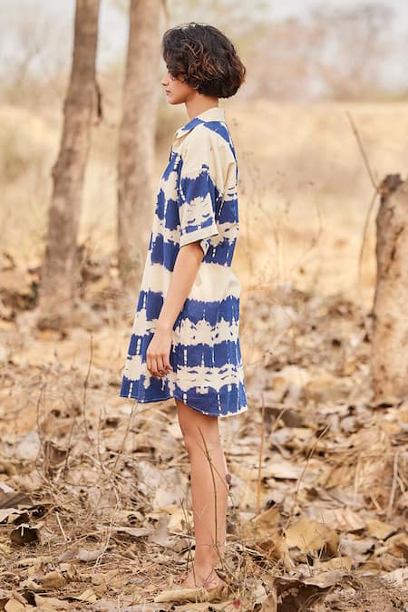 Buy_Kharakapas_Blue Cotton Collared Barish Shibori Pattern Shirt Dress _Online_at_Aza_Fashions