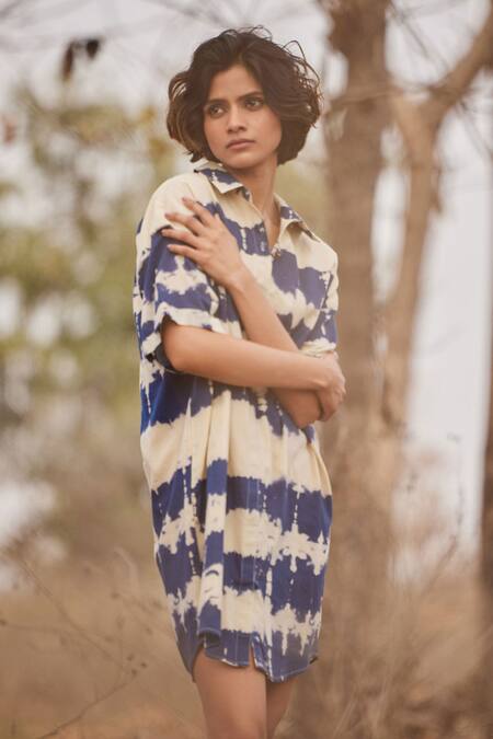 Shop_Kharakapas_Blue Cotton Collared Barish Shibori Pattern Shirt Dress _Online_at_Aza_Fashions