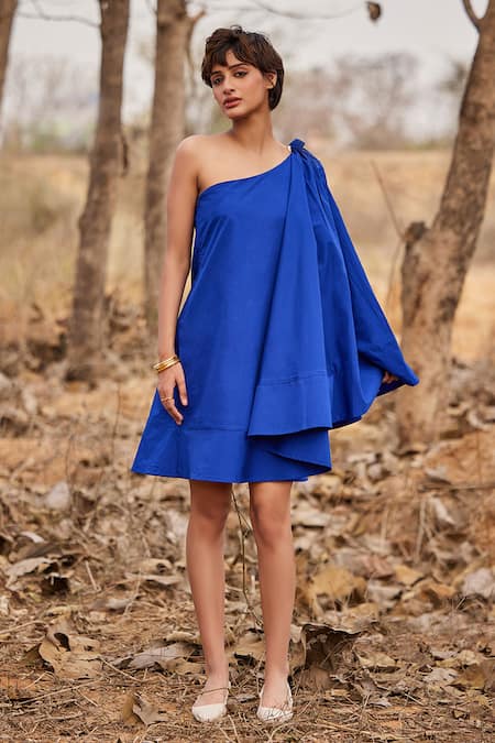 Kharakapas Blue Cotton Plain Asymmetric Mojito One Shoulder Dress 