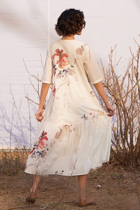 Shop_Kharakapas_Off White Cotton V-neck Floral Print Midi Dress _at_Aza_Fashions