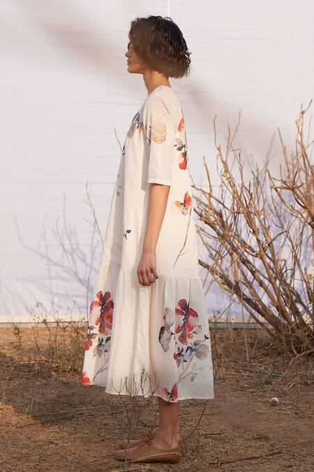 Buy_Kharakapas_Off White Cotton V-neck Floral Print Midi Dress _Online_at_Aza_Fashions