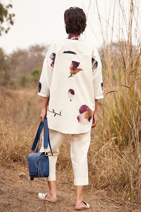 Shop_Kharakapas_Off White Cotton Embroidery Collared Cascade Fling Printed Shirt _at_Aza_Fashions