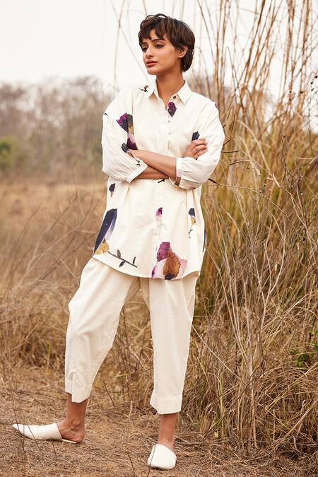 Buy_Kharakapas_Off White Cotton Embroidery Collared Cascade Fling Printed Shirt _Online_at_Aza_Fashions