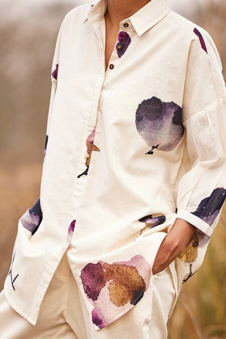 Shop_Kharakapas_Off White Cotton Embroidery Collared Cascade Fling Printed Shirt _Online_at_Aza_Fashions