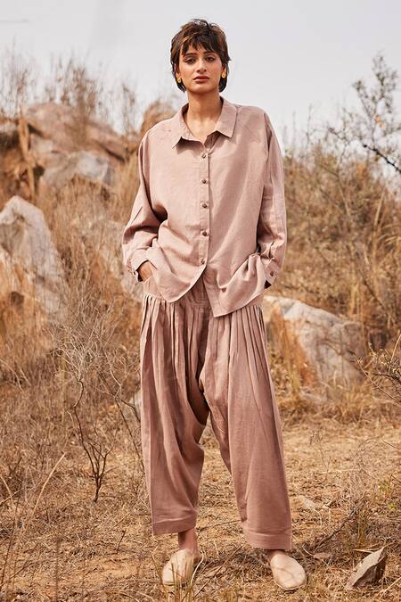 Kharakapas_Brown Linen Collared Dune Shirt _Online_at_Aza_Fashions