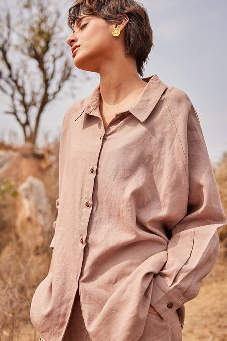 Shop_Kharakapas_Brown Linen Collared Dune Shirt _Online_at_Aza_Fashions