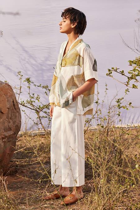 Shop_Kharakapas_Off White Cotton Shawl Neck Verdure Printed Shirt _at_Aza_Fashions