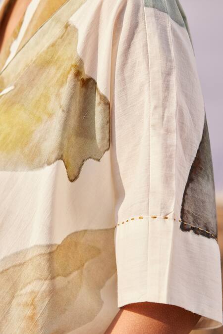 Buy_Kharakapas_Off White Cotton Shawl Neck Verdure Printed Shirt _Online_at_Aza_Fashions