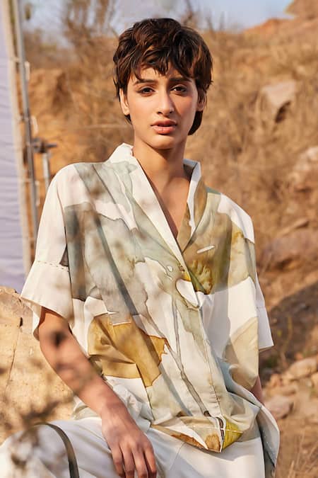 Shop_Kharakapas_Off White Cotton Shawl Neck Verdure Printed Shirt _Online_at_Aza_Fashions