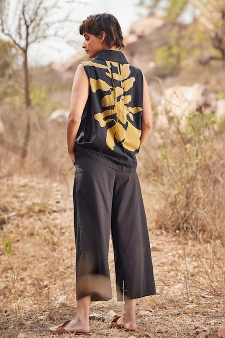 Shop_Kharakapas_Black Cotton Shawl Neck Coturnix Printed Waistcoat Top _at_Aza_Fashions