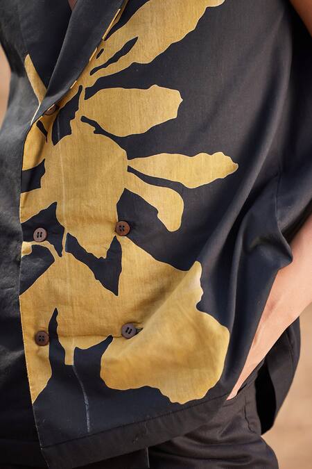Shop_Kharakapas_Black Cotton Shawl Neck Coturnix Printed Waistcoat Top _Online_at_Aza_Fashions