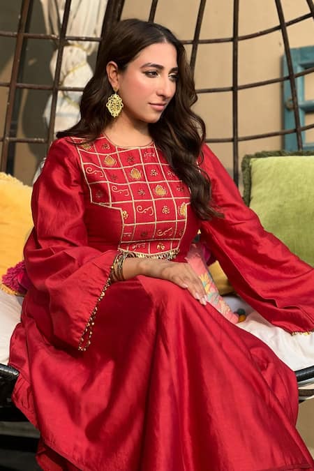 Shop Leela By A Red Chanderi, Linen Sequins, Embroidery Round Neck Anarkali Palazzo Set at Aza Fashions Shop_Leela By A_Red Chanderi, Linen Sequins, Embroidery Round Neck Anarkali Palazzo Set _at_Aza_Fashions