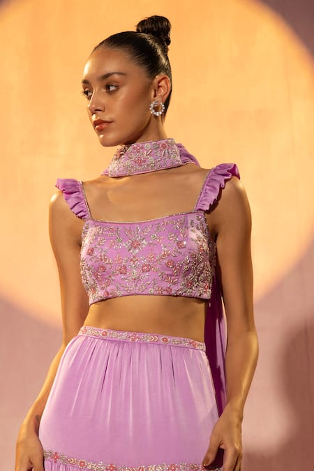 Shop Tyohar Purple Satin, Chiffon Zari, Nora Placement Embroidered Tiered Lehenga Blouse Set Online at Aza Fashions Shop_Tyohar_Purple Satin, Chiffon Zari, Nora Placement Embroidered Tiered Lehenga Blouse Set_Online_at_Aza_Fashions
