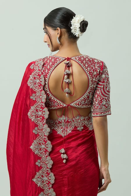 Shop Jayanti Reddy Red Silk Embroidery Polo Collar Raw Blouse at Aza Fashions Shop_Jayanti Reddy_Red Silk Embroidery Polo Collar Raw Blouse _at_Aza_Fashions