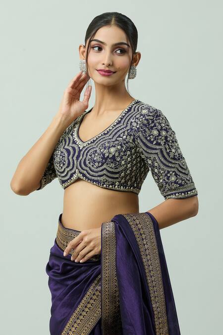 Jayanti Reddy Purple Silk Embroidery Polo Collar Hand Blouse at Aza Fashions Jayanti Reddy_Purple Silk Embroidery Polo Collar Hand Blouse _at_Aza_Fashions