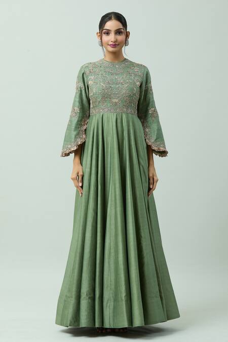 Jayanti Reddy_Green Chanderi Embroidery Round Neck Bodice Anarkali _Online_at_Aza_Fashions