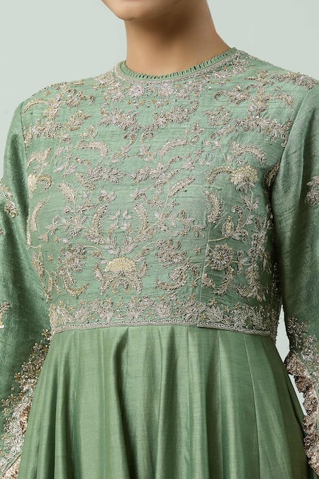 Buy_Jayanti Reddy_Green Chanderi Embroidery Round Neck Bodice Anarkali _Online_at_Aza_Fashions