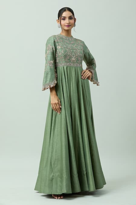 Shop_Jayanti Reddy_Green Chanderi Embroidery Round Neck Bodice Anarkali _Online_at_Aza_Fashions